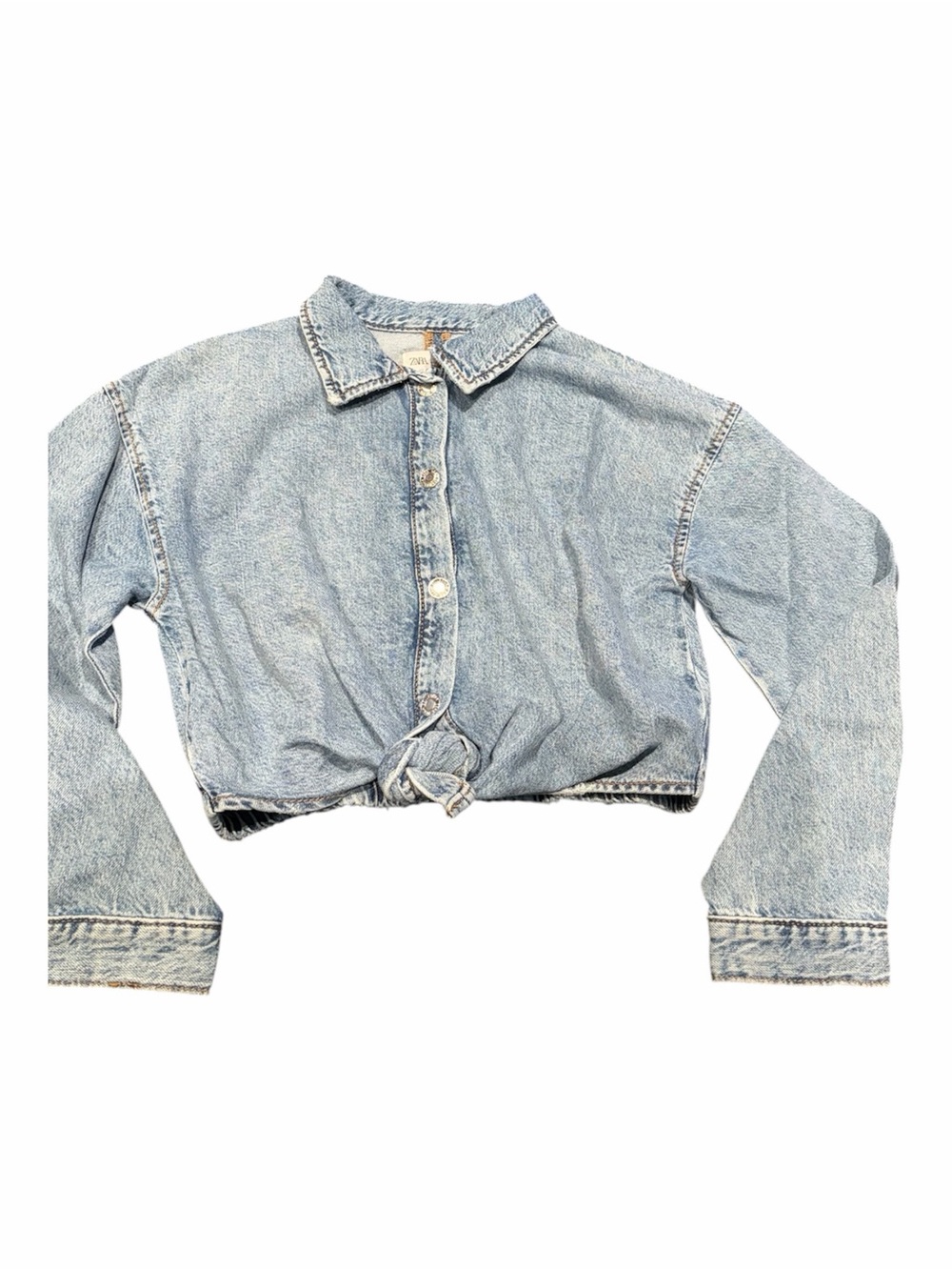 Light Wash Cropped Denim Button-Up Shirt